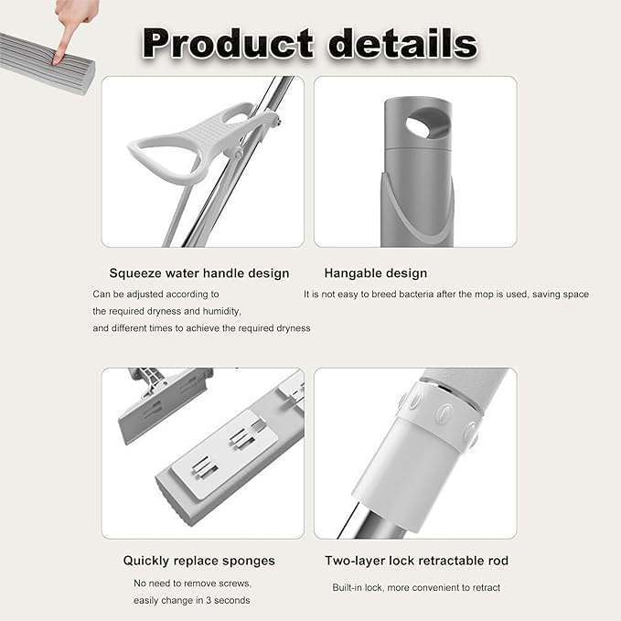 Absorbent PVA Sponge Mop with Stainless Steel Telescopic Pole – Extendable Handle Mopstick for Tile, Wood, and Kitchen Floor Cleaning – Super Absorbent Roller Sponge Mop