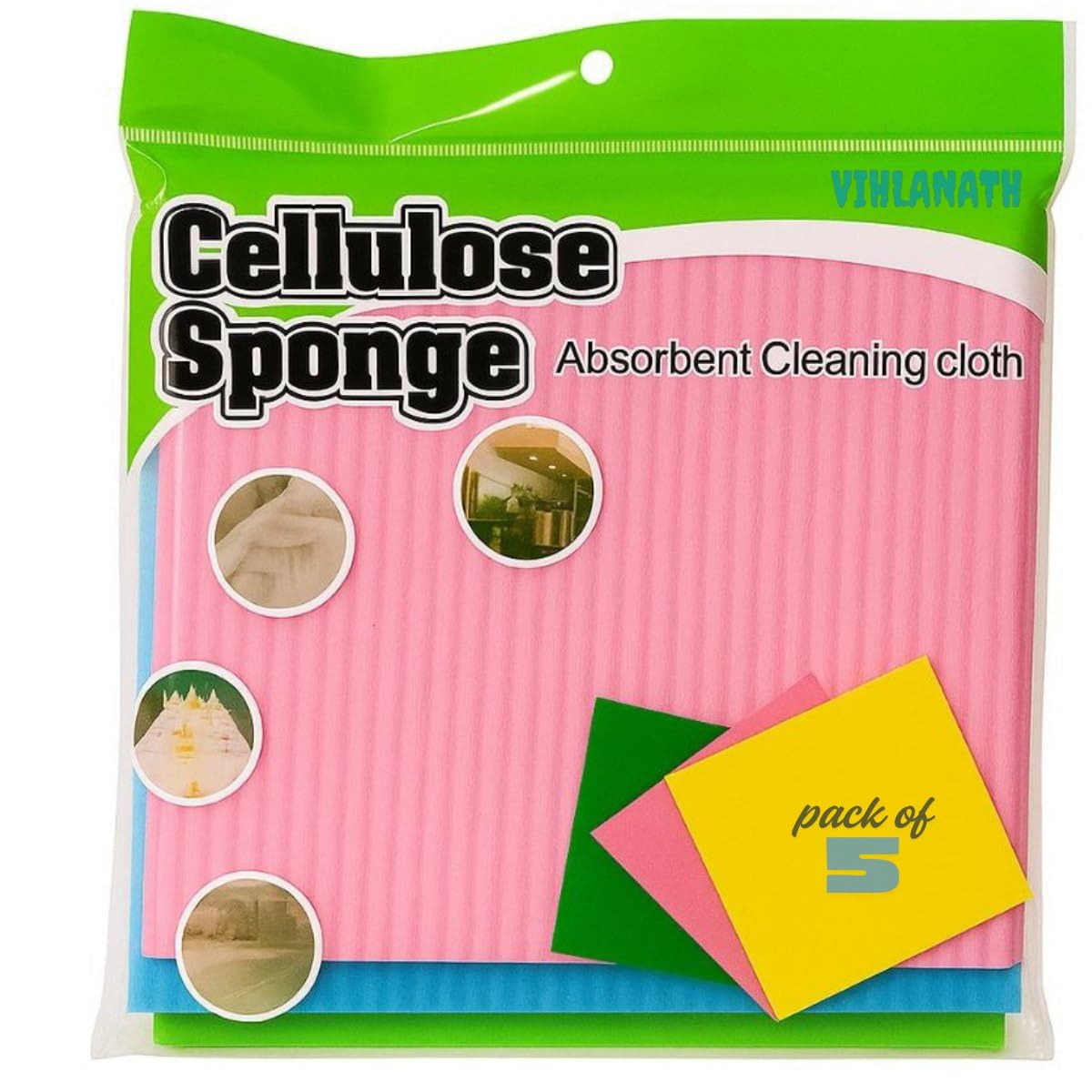 ipe Resusable Kitchen Cleaning Foam Cellulose Wood Sponge- Easy to use, Multi- Color & Biodegradable Kitchen Cleaning Sponge Wipes with Super Absorbant Biodegradable Cellulose 5 Count