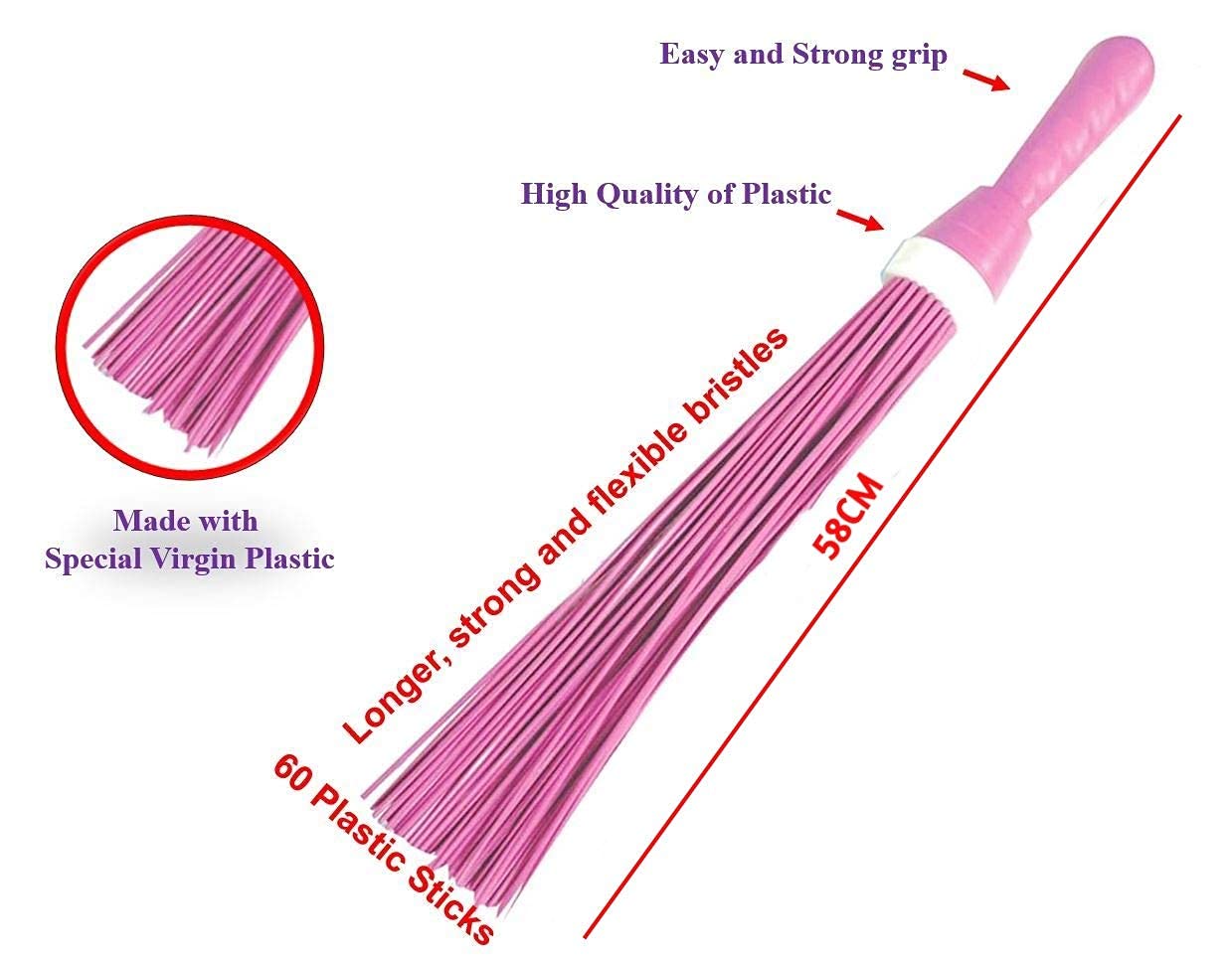 Heavy-Duty Kharata Plastic Bathroom Broom|250 Gm|22 Inches With 60 Bristles|For Cleaning Floor And Bathroom,Wet And Dry Floor Cleaning Fiber Broom Hard Bristle Plastic