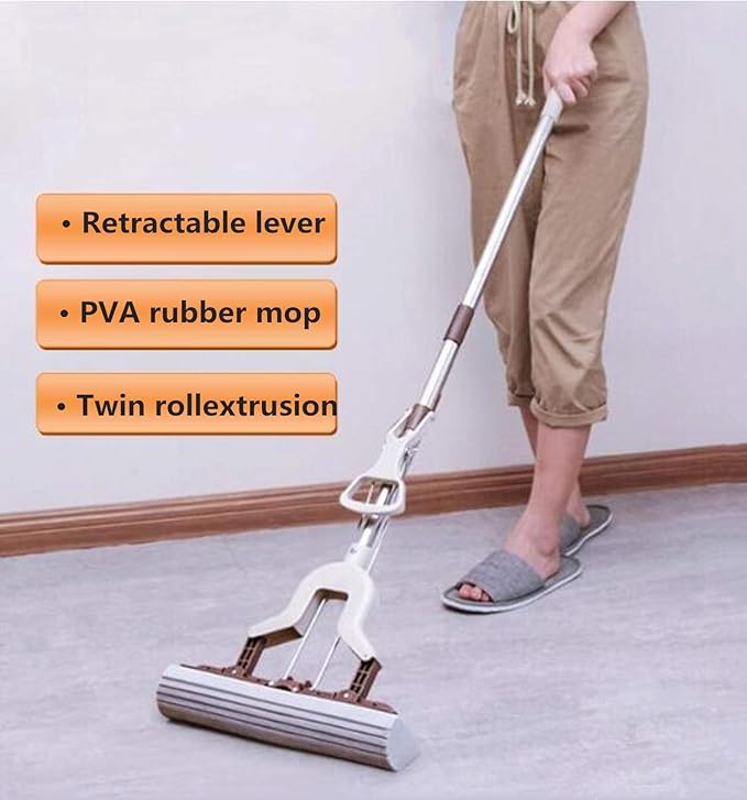 Absorbent PVA Sponge Mop with Stainless Steel Telescopic Pole – Extendable Handle Mopstick for Tile, Wood, and Kitchen Floor Cleaning – Super Absorbent Roller Sponge Mop