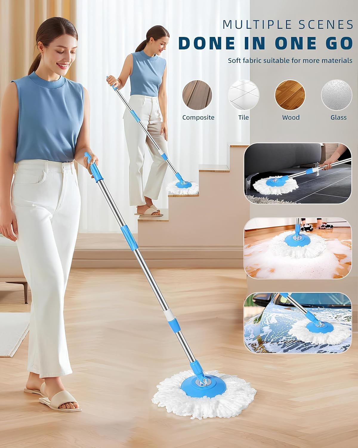 Spin Mop 360 Degree Stick for Floor Cleaning Without Bucket | Extendable Handle Rod with Fast-Connect System and Removable Microfiber Refill Mop for Home & Kitchen